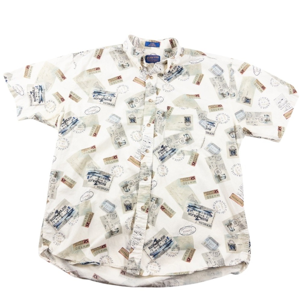 Pendleton Aloha Shirt Mens XL Cream Travel Postcard AOP Button Down Short Sleeve